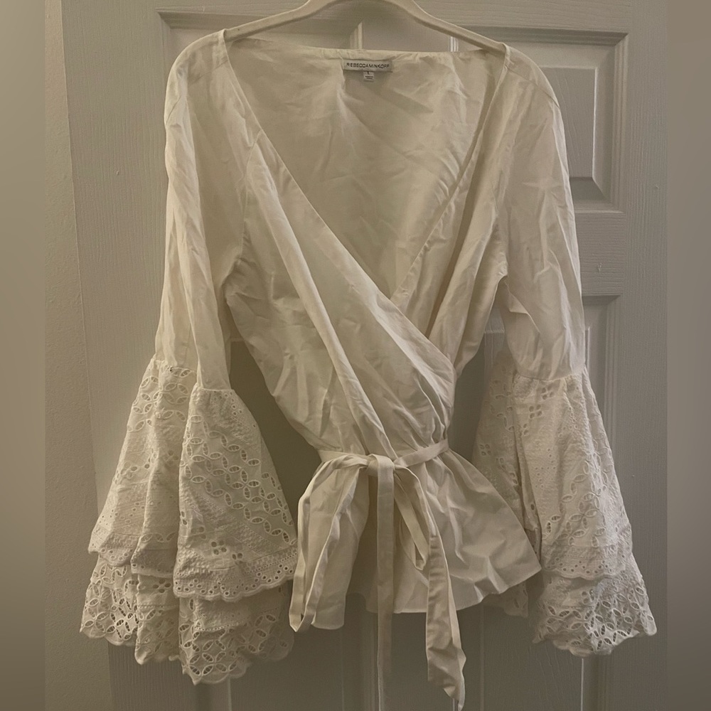 Rebecca Minkoff blouse with embroidered sleeves - flattering for larger chests